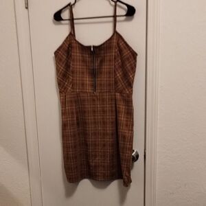 No Boundaries Brown Plaid Spaghetti Strap Dress with Front Zip
